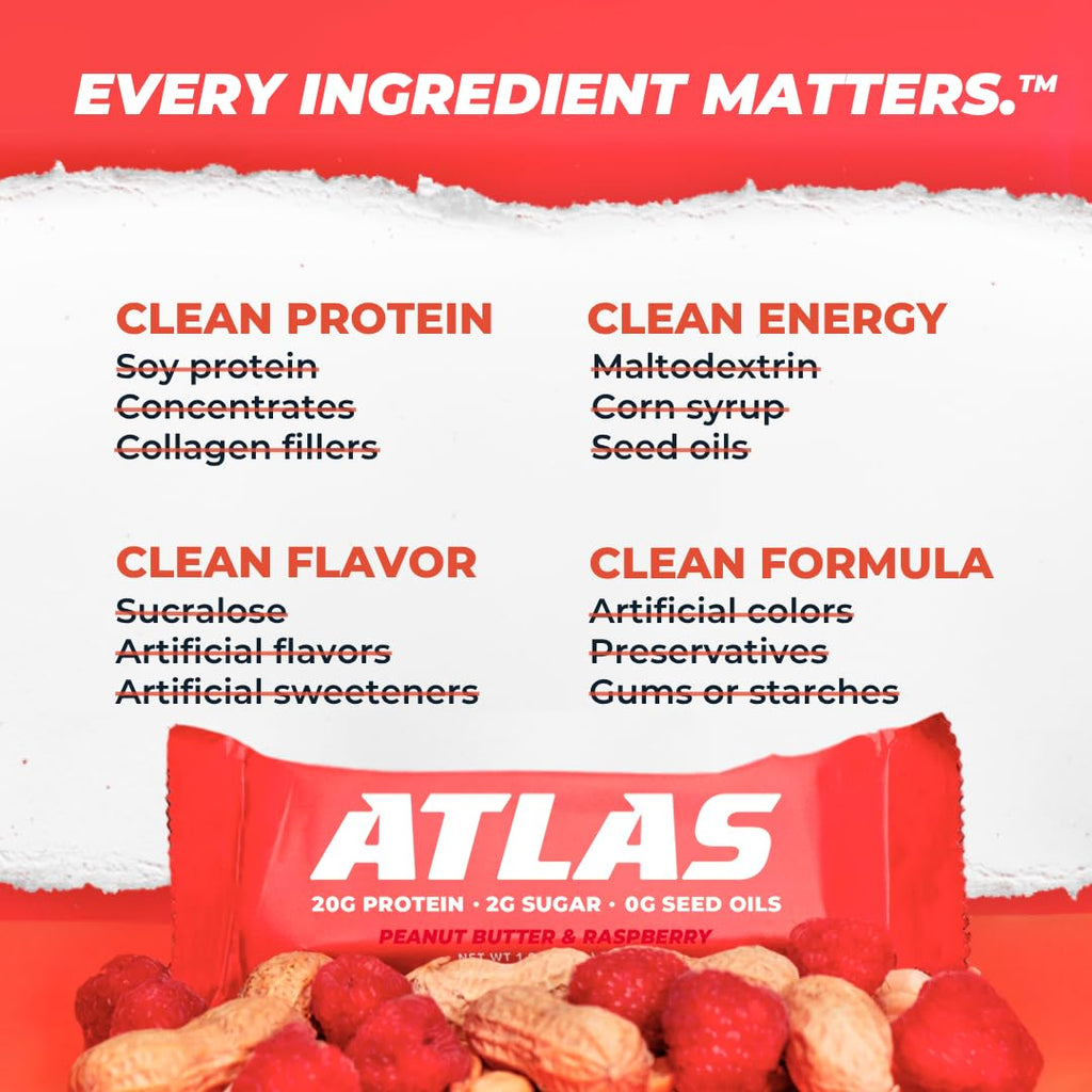 Atlas Bar – 20g Protein, 1g Sugar, 0g Seed Oils, 0g Artificial Sweeteners (36 Count, Peanut Butter Raspberry)