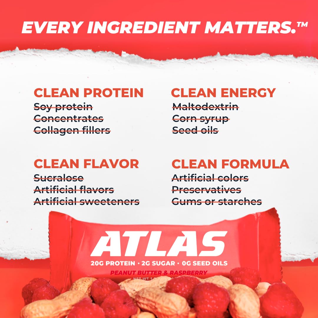 Atlas Bar – 20g Protein, 1g Sugar, 0g Seed Oils, 0g Artificial Sweeteners (36 Count, Peanut Butter Raspberry)