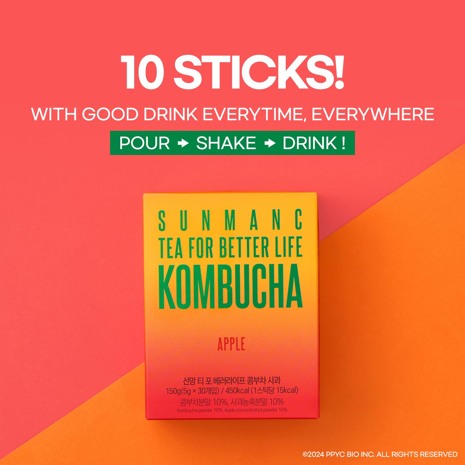 SUNMANC Kombucha 10 packets, Sparkling Probiotic Fermented Drink, Convenient Powdered Drink Mix, Tea Powder, Low Calories, Sugar 0g, Low Caffeine (Apple)