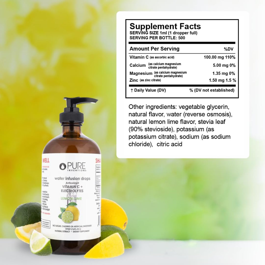 Pure Inventions - Lemon Lime Water Infusion Drops - Antioxidants, Vitamin C & Electrolytes - Health & Wellness Drink -Immunity Support -Sugar Free, Zero Calorie, No Artificial Sweeteners -500 Servings