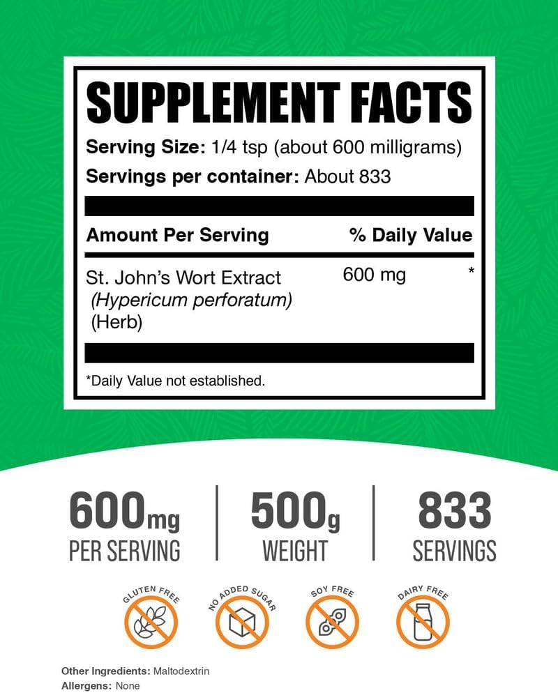 BulkSupplements.com St. John's Wort Extract - St. Johns Wort Supplement, Herbal Supplement for Mood - Vegan & Gluten Free, 600mg per Serving, 500g (1.1 lbs) (Pack of 1)