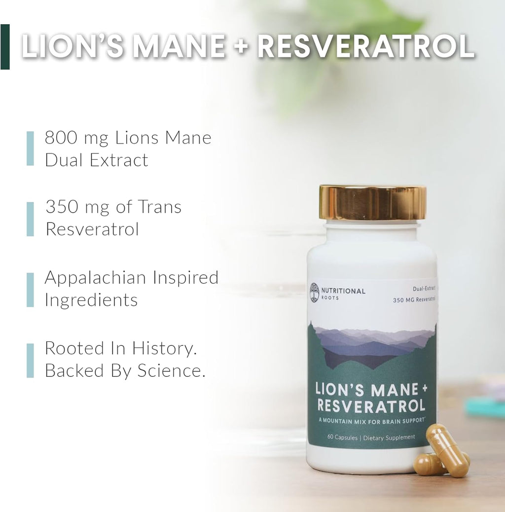 Lion’s Mane + Resveratrol - With 800mg Lion’s Mane Extract & 350mg Trans-Resveratrol Per Serving - Supports Brain & Heart Health - Dietary Supplement - 1 Month Supply - 60 Capsules
