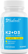 Safrel Vitamin K2 (MK7) 120 MCG and D3 5000 IU Supplement per Capsule, Supports Calcium Absorption for Bone, Immune and Heart Health, Easy to Swallow K2 and D3, Non-GMO, 120 Count