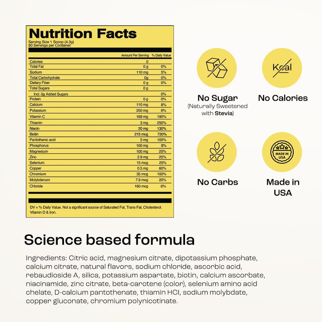 KEY NUTRIENTS Multivitamin Electrolytes Powder No Sugar - Refreshing Lemonade Electrolyte Powder - Sodium & Energy Supplement - Hydration Powder - No Calories - 90 Servings - Made in USA