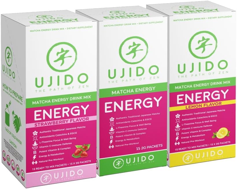 Ujido Matcha Energy Packets, Strawberry Flavor, Sugar-Free, Monkfruit, Non-GMO, Antioxidant, Keto & Vegan, 2g x 15 Count