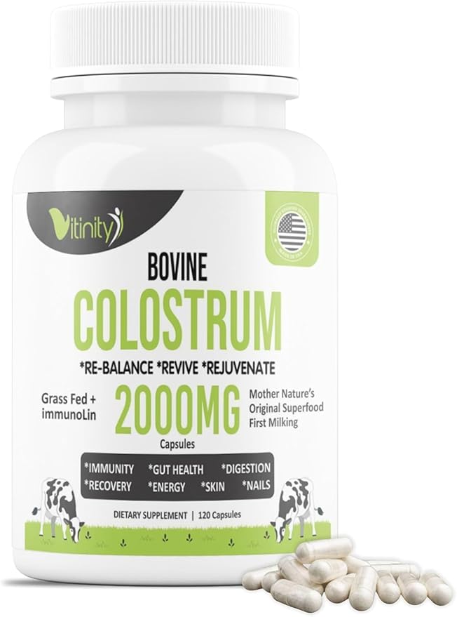 VITINITY Grass Fed Bovine Colostrum Capsules for Humans - Natural IgG Colostrum Supplement for Gut Health, Immune Support, Muscle Recovery & Wellness | Pure Colostrum Superfood, Unflavored (120 Count)