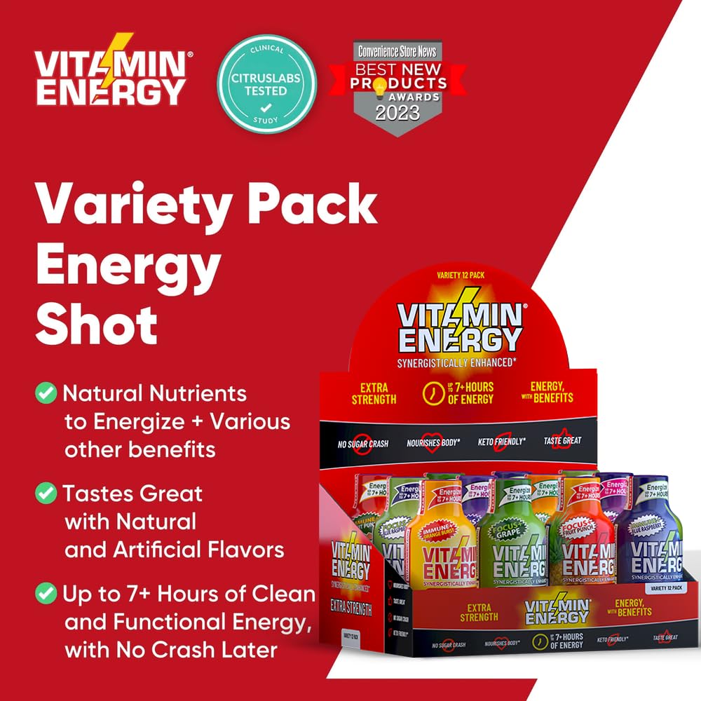 Vitamin Energy Extra Strength Energy Shot Variety Pack 12 Pack, 260mg Natural Caffeine, B-Vitamins, Vitamin D, NALT, Rhodiola, Mood, Focus, Immunity & Strength Support, Zero Sugar, Vegan, 1.93 fl oz