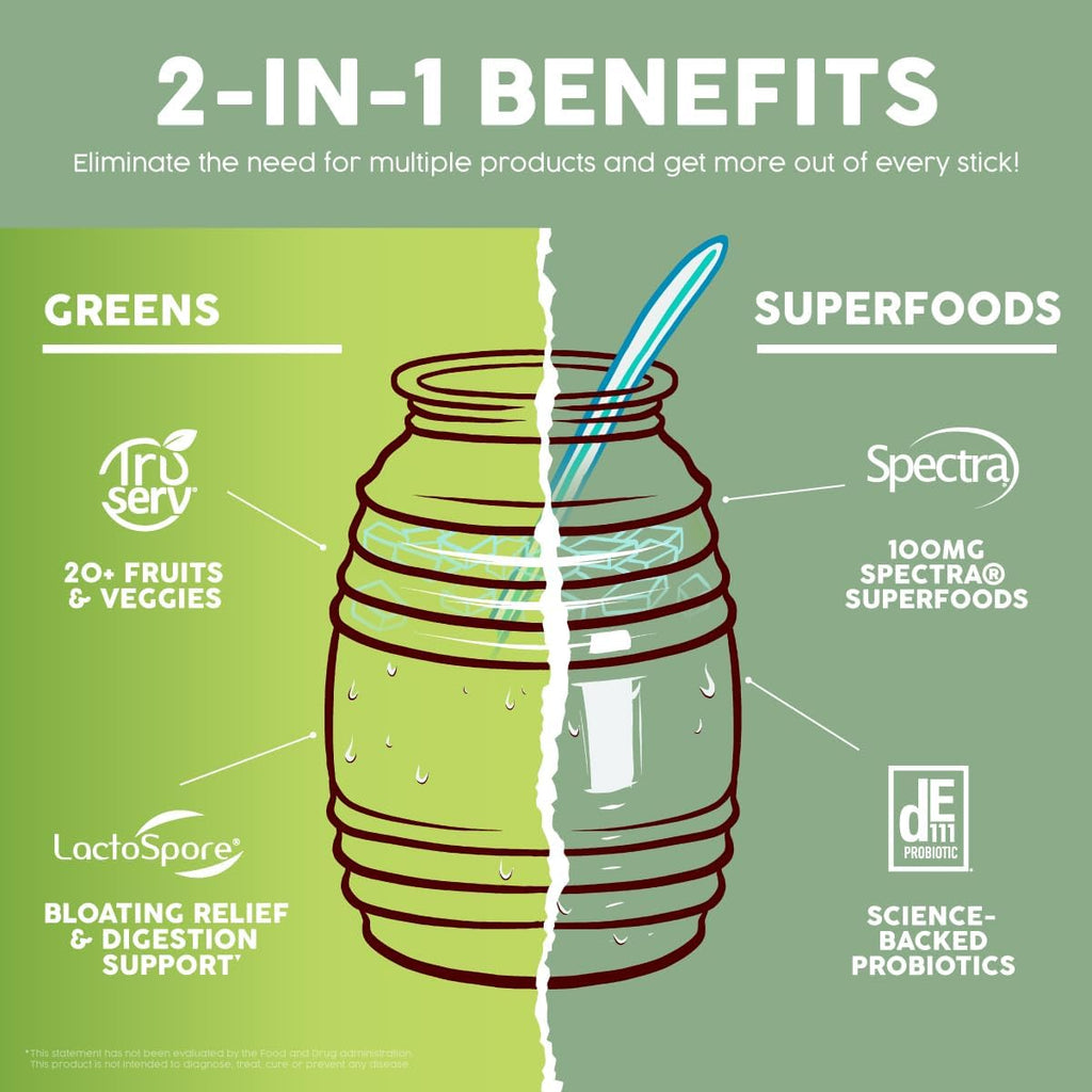 Salud 2-in-1 Greens Powder + Superfood Drink Mix Packets, 20+ Fruits and Veggies, Probiotics, Prebiotics, Supports Digestive Health, Bloating Relief, Vegan, Green Apple (15 Servings)