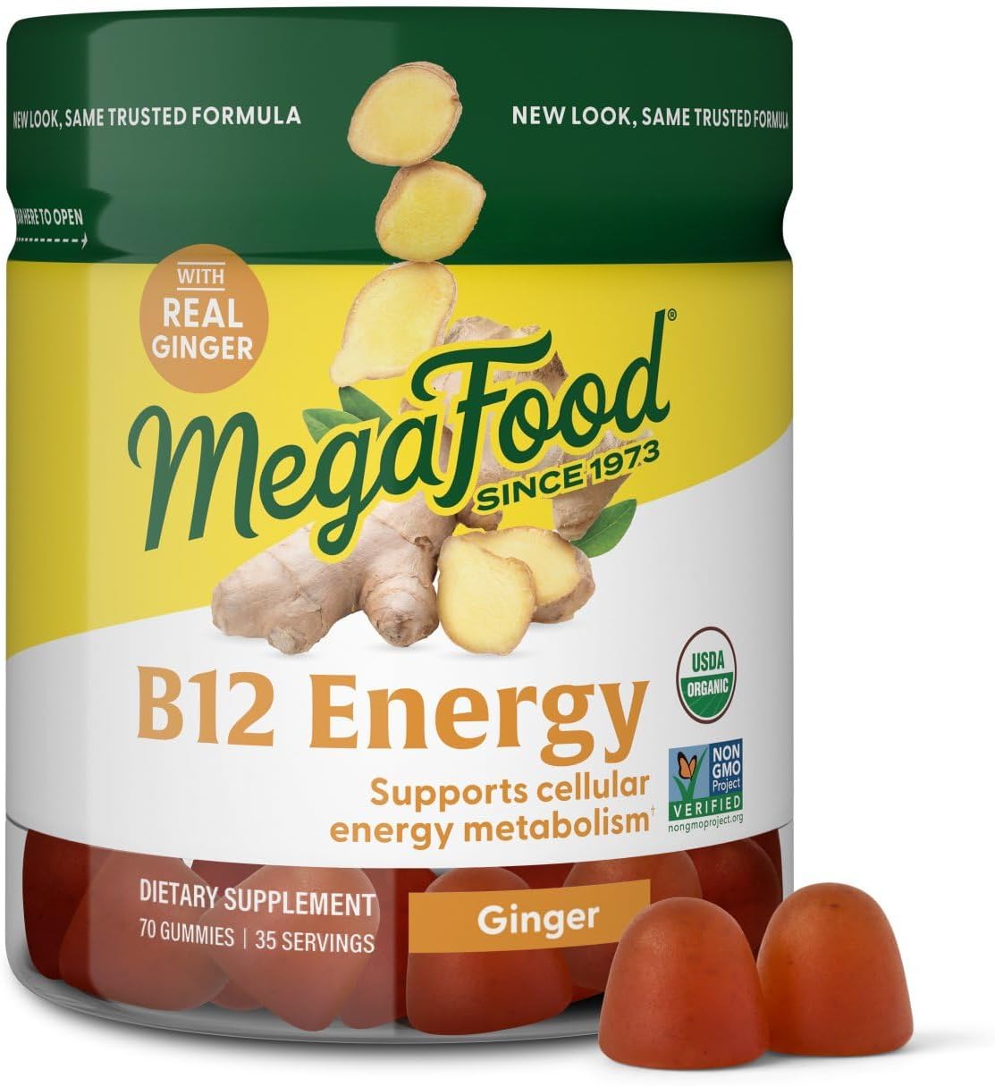 MegaFood Vitamin B12 Energy Gummies - Vegan - With Methyl B12 Vitamins to Support Cellular Energy Production - Ginger - Daily Vitamin B12 Supplement - USDA Organic - 70 Gummies, 35 Servings