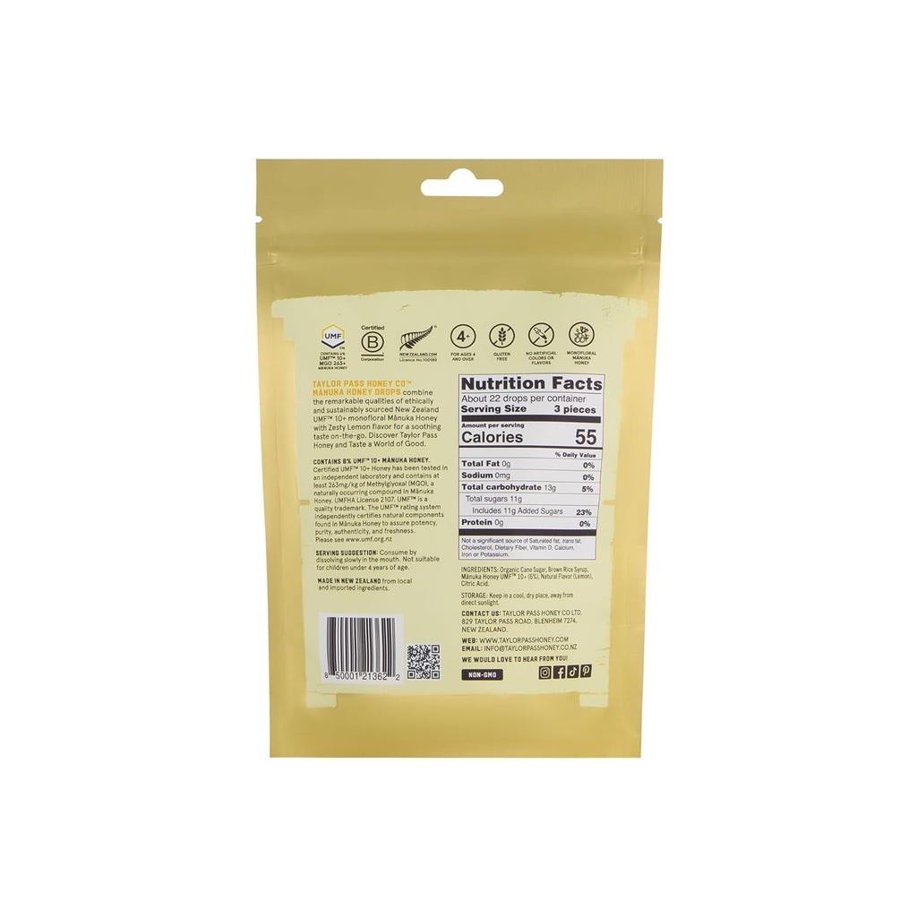 Taylor Pass Honey Co Mānuka Honey Drops UMF™ 10+| Zesty Lemon | Mānuka Honey Lozenges | Soothing Natural Manuka On-The-Go | 22 Individually Wrapped Drops | Made in New Zealand