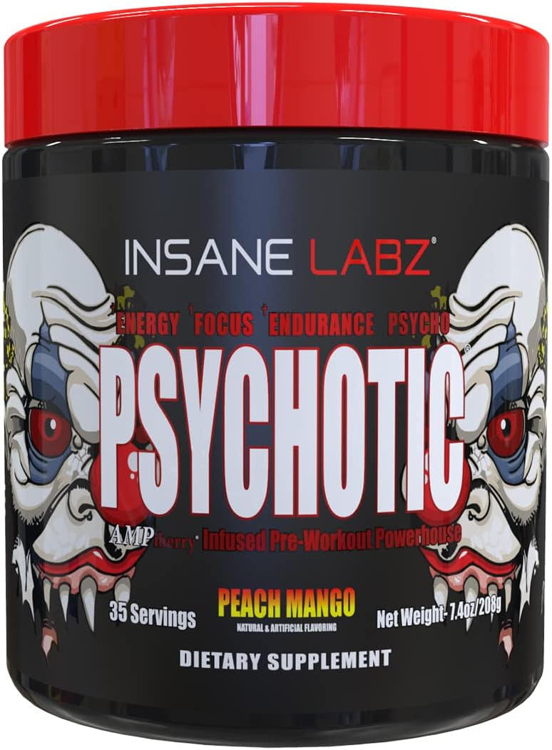 Insane Labz Psychotic, High Stimulant Pre Workout Powder, Extreme Lasting Energy, Focus and Endurance with Beta Alanine, Creatine Monohydrate DMAE, 35 Srvgs (Peach Mango)