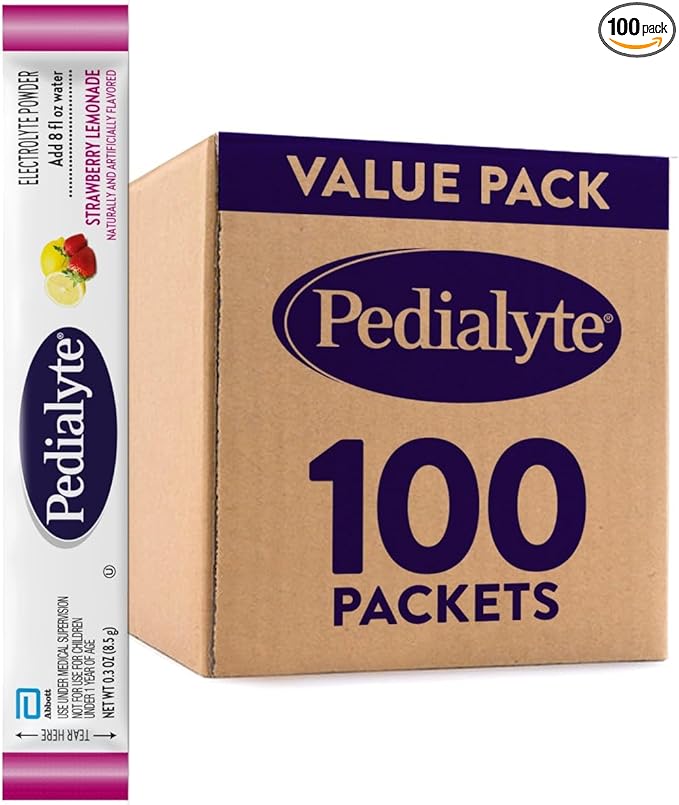 Pedialyte Electrolyte Powder | Hydration Drink for Kids & Adults | Strawberry Lemonade, 100 Powder Packets