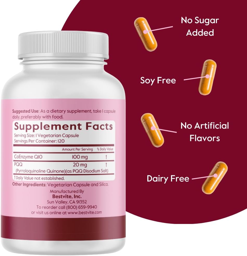 BESTVITE Coq10 100mg w/PQQ 20mg (120 Veggie Caps) - No Stearates - Vegan - Non GMO - Gluten Free - Coq10 with PQQ