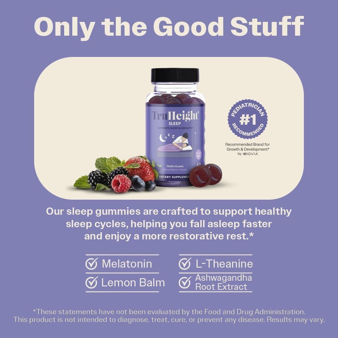 TruHeight Sleep Gummies - Kids & Teen Natural Sleep Aid for Maximum Growth - Pediatric Recommended - Kids Melatonin Gummy - Melatonin, Ashwagandha, L Theanine, Lemon Balm, Ages 4+, Mixed Berry Flavor