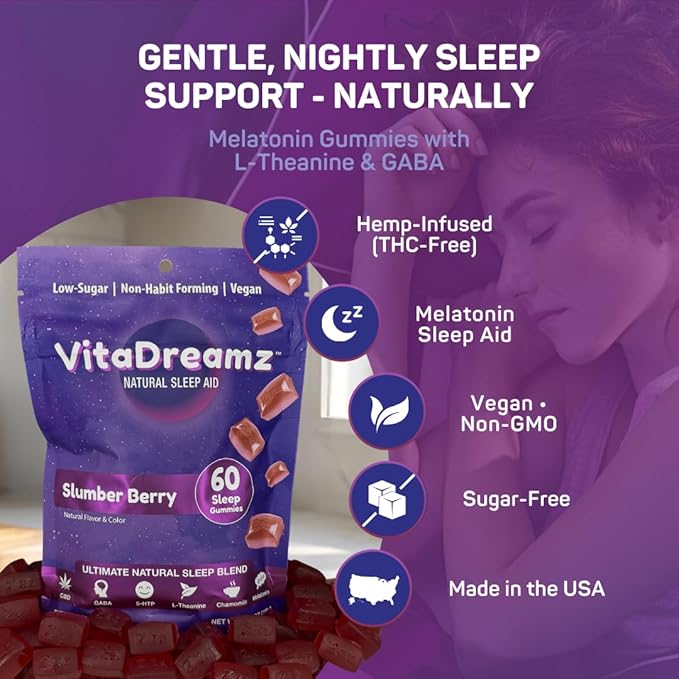 Melatonin Gummies for Sleep - Natural Sleep Aid Supplement with L-Theanine & GABA - SleepEZ Pillowz 60 Count