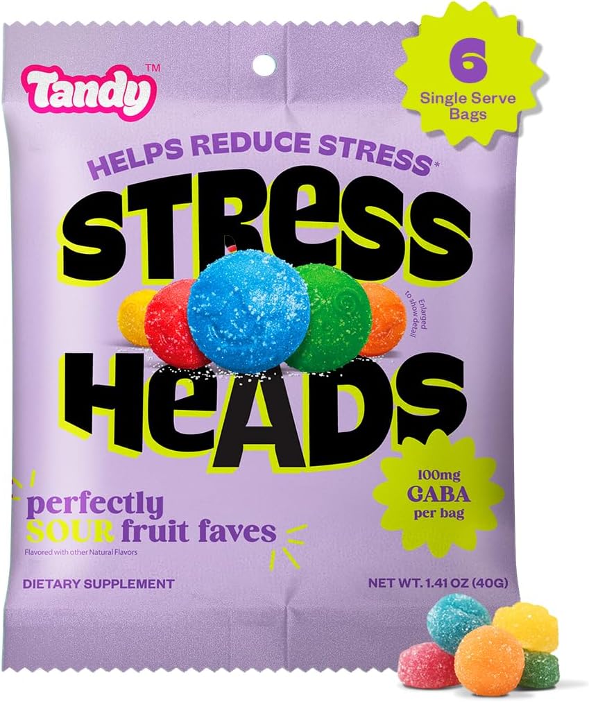 Tandy Stress Heads GABA Amino Acids Gummies I Perfectly Sour Fruit Faves Flavor Gummies Helps Support Stress Relief I Gluten-Free Fast-Acting Dietary Supplement Gummy I 6-Pack