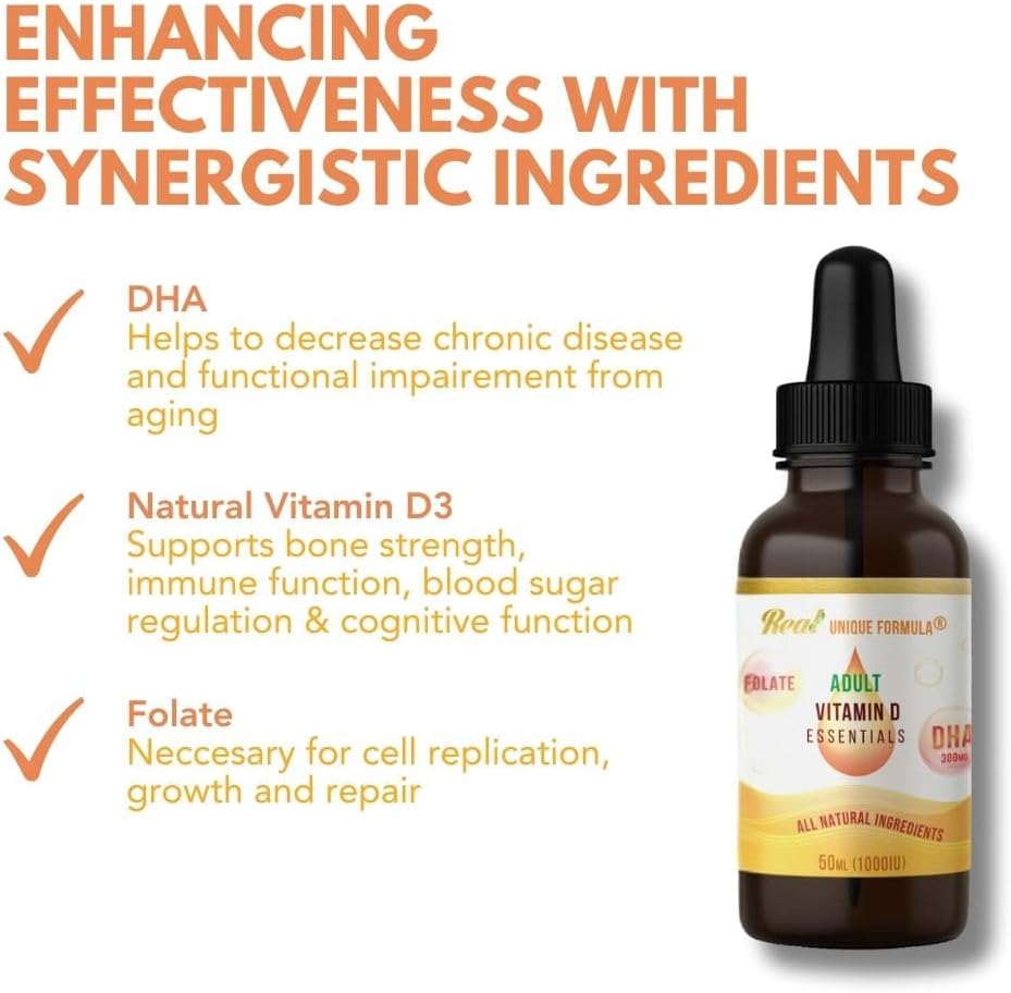 Adults Health Essentials Drops - Liquid DHA Omega 3, Natural Vitamin D3 1000 IU, Folate Supplement, Supports Heart, Brain, Eyes & Joint Health Supplement for The Whole Family