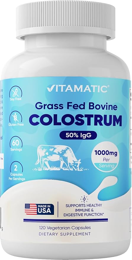Vitamatic Bovine Colostrum Supplement 1000 mg per Serving - 50% Highest IgG - Supplement for Gut Health, Hair Growth, Beauty, Muscle Recovery, & Immune Support - 120 Capsules - 2 Pack