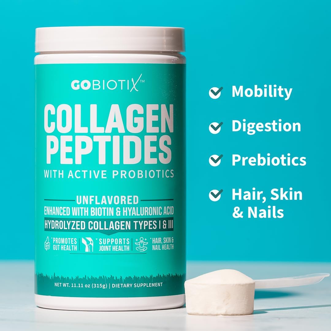 GOBIOTIX Collagen Powder Supplement with Probiotics - Hydrolyzed Protein Collagen Powder for Women - Hair Skin and Nails, Joint and Digestive Health - Collagen Peptides Type I and III - 30 Servings