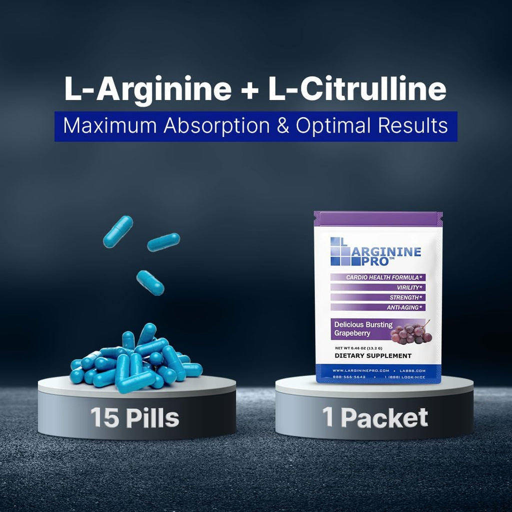 L-ARGININE PRO Supplement Powder | 30 Packets Single Serve Travel Size | 5,500mg of L-arginine Plus 1,100mg L-Citrulline, Grape
