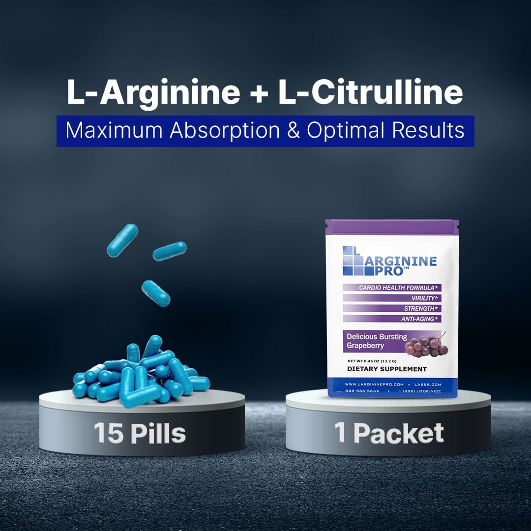 L-ARGININE PRO Supplement Powder | 30 Packets Single Serve Travel Size | 5,500mg of L-arginine Plus 1,100mg L-Citrulline, Grape