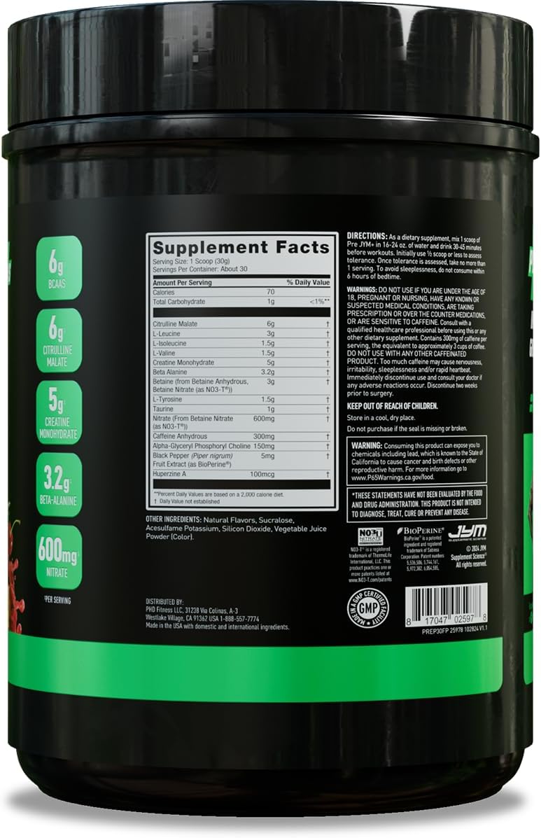 JYM Supplement Science Pre JYM Plus Orange Pre-Workout Powder, Amino Nitrates, Creatine, Betaine, Nootropics, BCAA’s, for Men & Women, 30 Servings