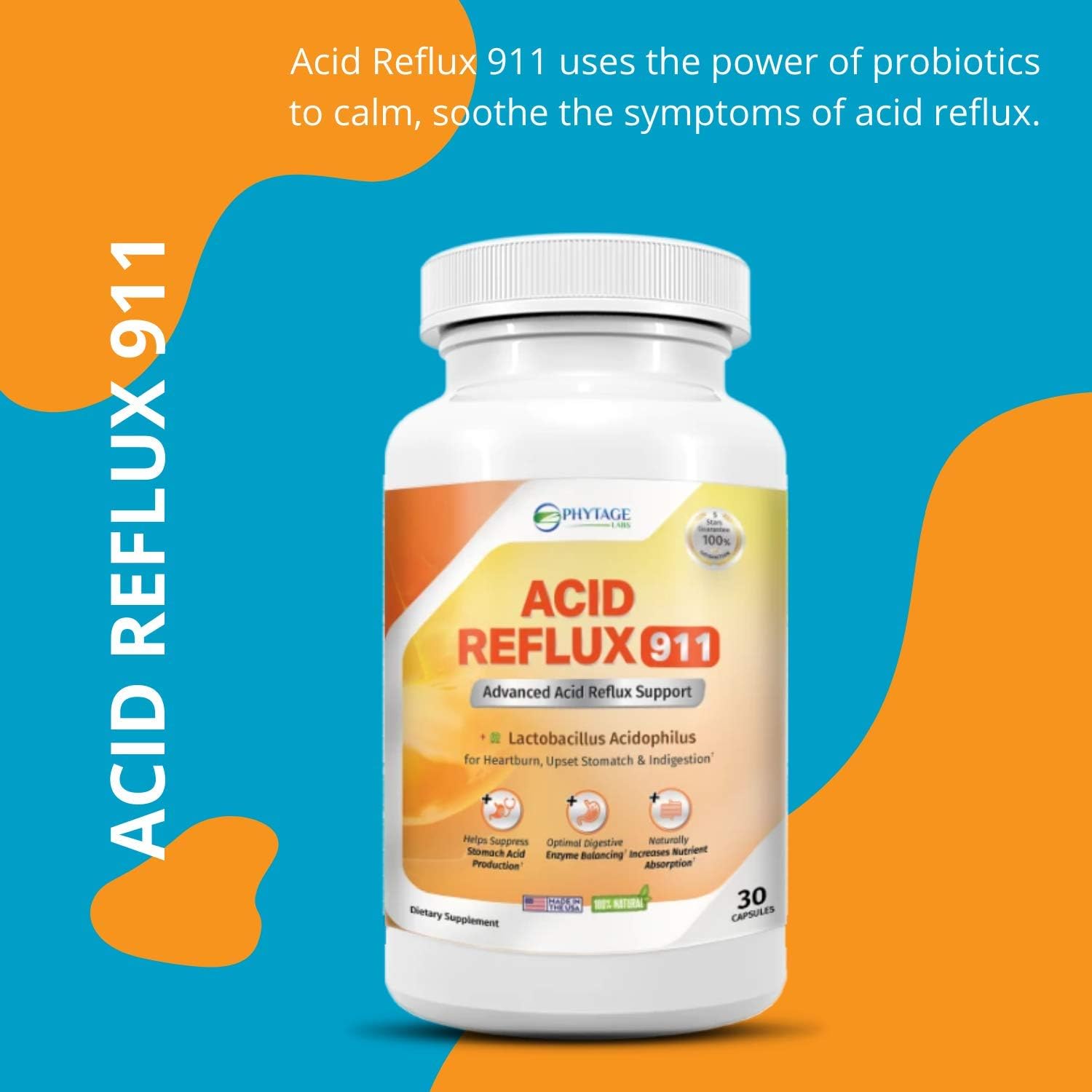 Natural Acid Reflux 911 Supplement Helps Relief Upset Stomach, Heartburn and Acid Indigestion - 100% Natural Powerful Acid Reducer For Fast Natural GERD And Heartburn Relief - 30 Capsules
