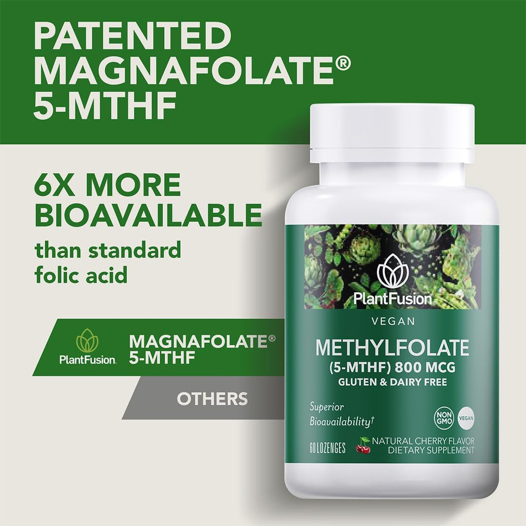 PlantFusion Vegan High Potency Methylfolate 5-MTHF – Fast Acting Sublingual Methyl Folate Supplement is 6X More Absorbable - Non-GMO, Supports Cardiovascular & Brain - 60 Lozenges