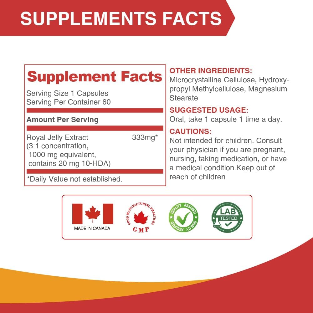 Lovita Royal Jelly 333 mg, 3:1 Concentrate, with 20mg 10-HDA, Natural Source Super Food, Supports Skin Health & Energy Production, 60 Capsules