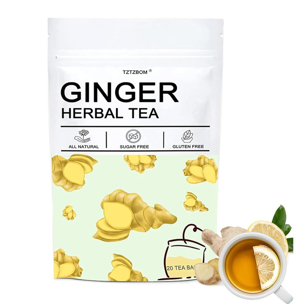TZTZBOM Ginger Tea Bags - 100% Pure Ginger Root & Lemon Peel & Liquorice Root - Soothing & Spicy Blend Natural Herbal Tea (20 Tea Bags)