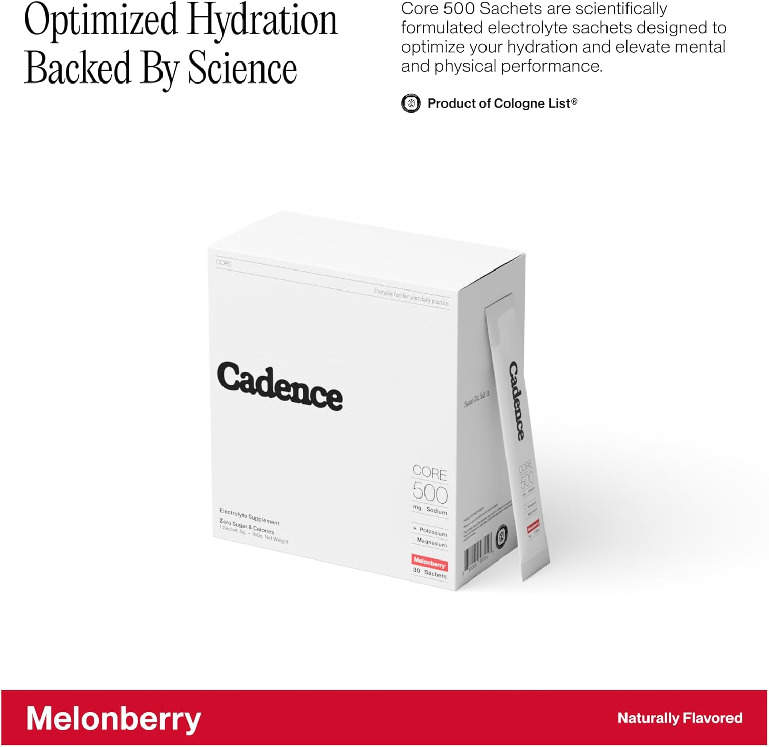 Cadence Sachets Core Melonberry - Carton (5g x 30) Science-Backed Hydration | Zero Caffeine | Vegan, Keto & Paleo Friendly | Sodium, Potassium & Magnesium for Performance & Recovery