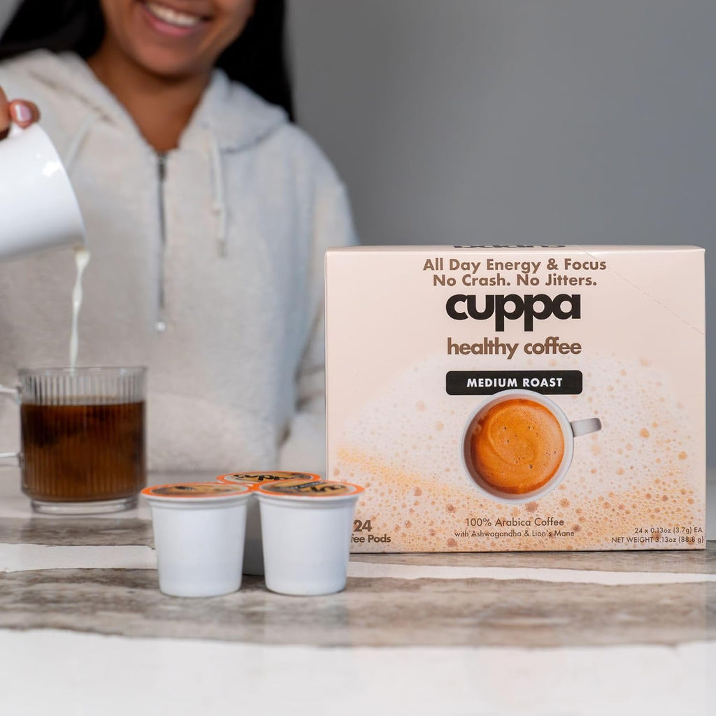 Cuppa Healthy Mushroom Coffee Single Serve Pods (K-Cups) with Lion's Mane & Ashwagandha for All Day Energy & Focus - No Crash or Jitters - Nootropics for Brain Health, Gut Health, Immunity, Stress, Memory + Mood - 24 Servings