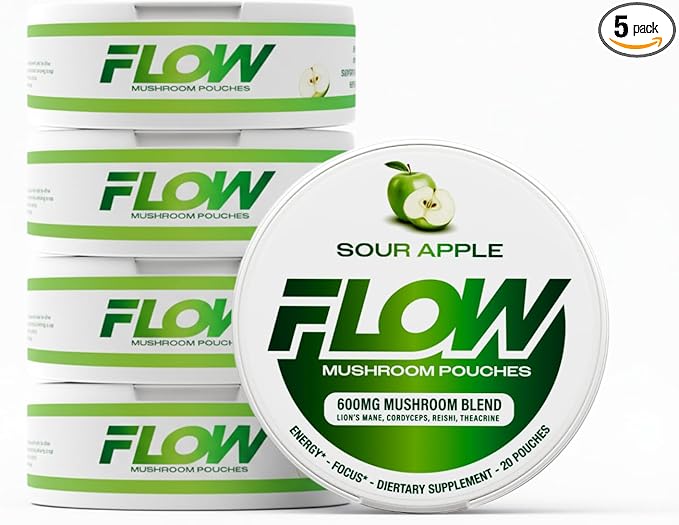 Mushroom Nootropic Pouches - 600mg Organic Mushroom Energy Ultra Pouches with Lion's Mane, Reishi, Cordyceps for Focus & Clean Energy - Zero Caffeine or Sugar (5 Can Pack, Sour Apple)