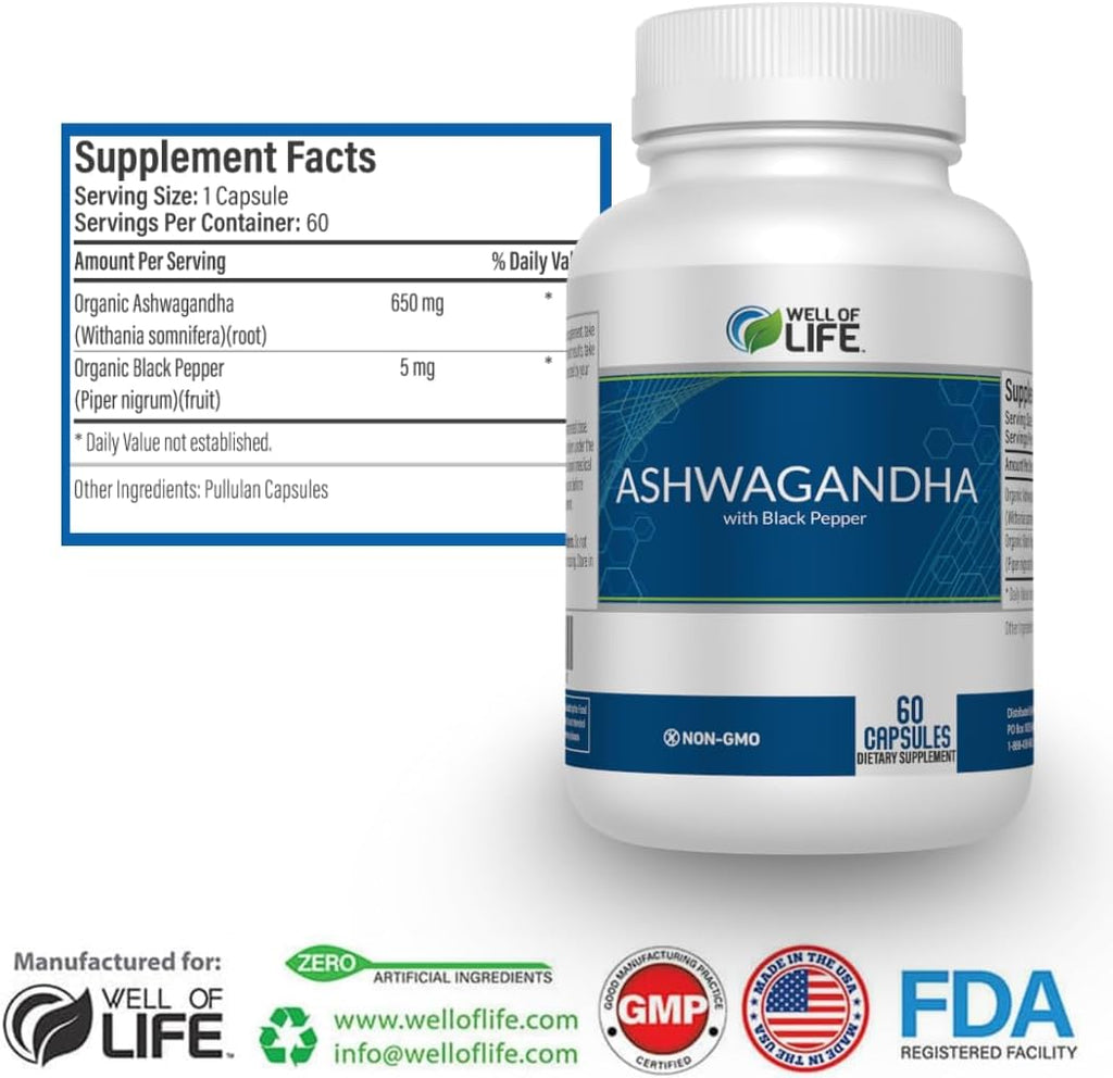 Well of Life: Ashwagandha 650mg + Black Extract 60 Veg Capsules: Enhanced Sleep & Well-Being. Adrenal Health Support. Non-GMO, GMP Certified. Made in USA.