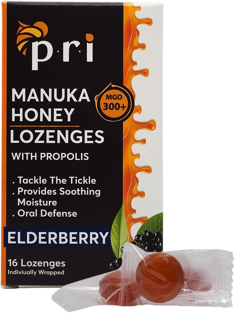 P.R.I Manuka Honey Lozenges with Propolis, Soothing Cough and Throat Drops, MGO 300+ Certified, (Elderberry, 16 Count)