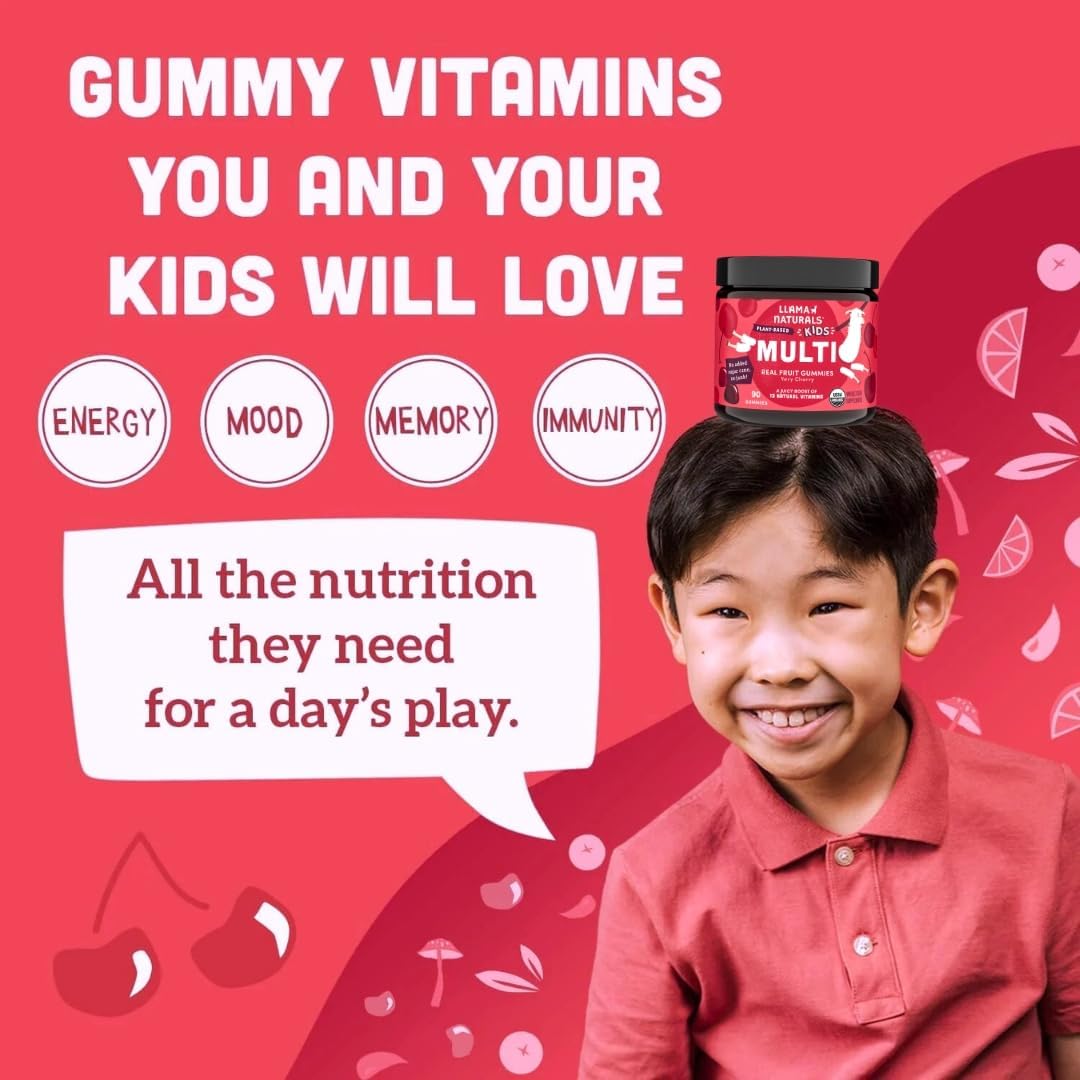 Llama Naturals Kids Multivitamin Gummies, Vegan, Organic with Vitamin D, C & K, Toddler Real Fruit Gummy Vitamins, Chewable Supplement, Whole Food Multivitamin, No Added Sugar Cane, Cherry, 2 Pk