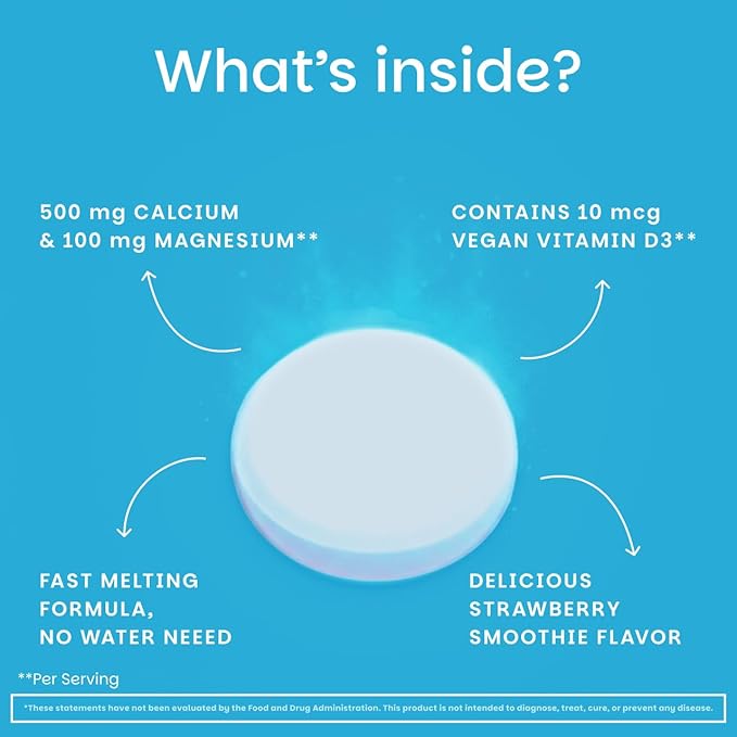 EZ Melts Calcium & Magnesium - Daily Supplement for Heart, Bone, Immune & Brain Health - with Vitamin D3 - Non-GMO & Vegan - Strawberry Smoothie - 120 Dissolvable Tablets (60 Servings)