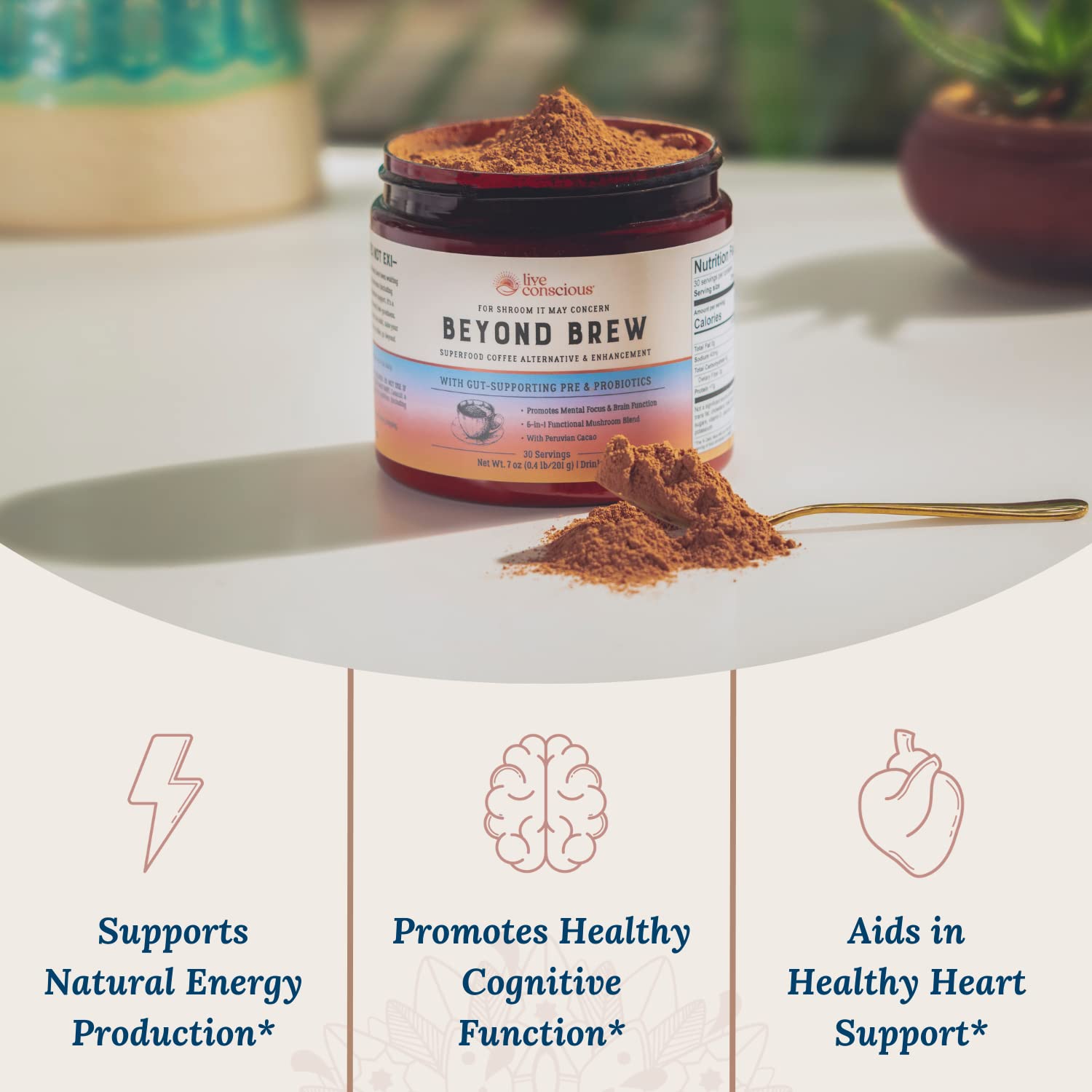 Live Conscious Beyond Brew - Superfood Coffee Alternative - Low Caffeine - Lion’s Mane, Reishi, Cordyceps & Chaga for Sustained Focus, Energy & Immunity - w/ Prebiotics & Probiotics Supports Gut Health 6 oz (2-Pack)