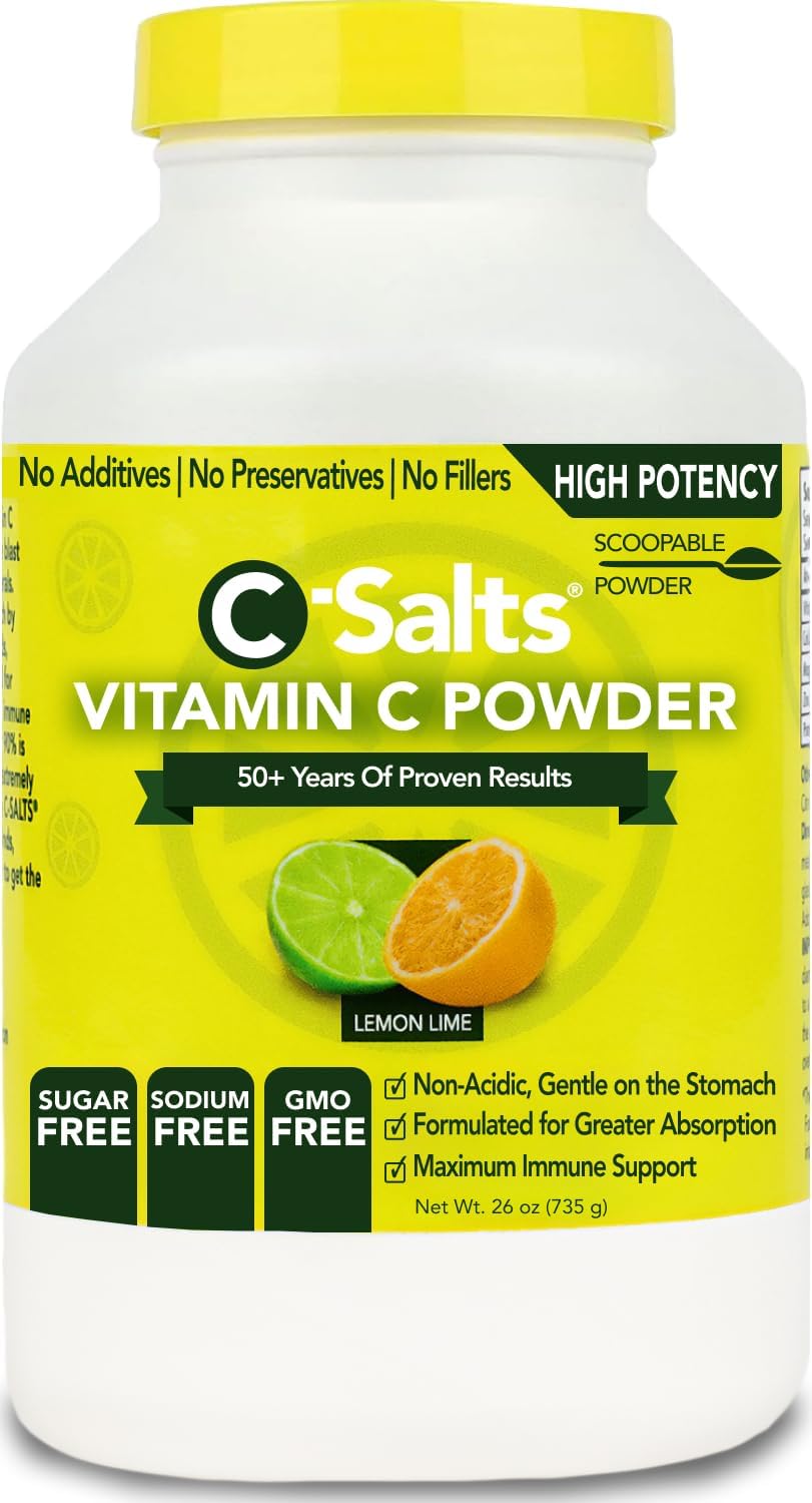 C-Salts Original Vitamin C Powder Supplement - 100% Pure High Dose Buffered Vitamin C Powder for Immune Support - Sugar-Free Powdered Drink Ascorbate, Organic, Stomach-Friendly, Lemon Lime 26oz