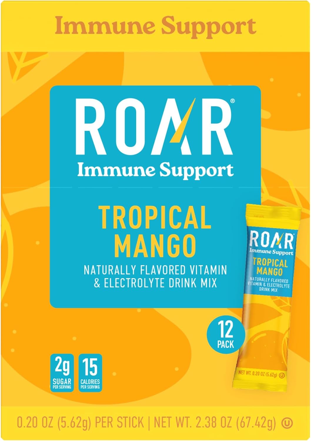 ROAR Immune Support Powder - Hydration Packets with Zinc and Elderberry - Electrolytes Powder - No GMOs, Gluten Free - Tropical Mango - 12 pc