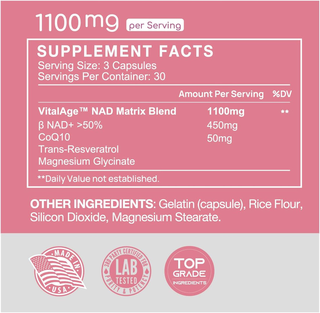 VHC NAD+ Supplement, NMN Alternative Liposomes with CoQ10, Trans-Resveratrol for Women & Men,Support Energy, Anti-Aging,Focus,90 Capsules