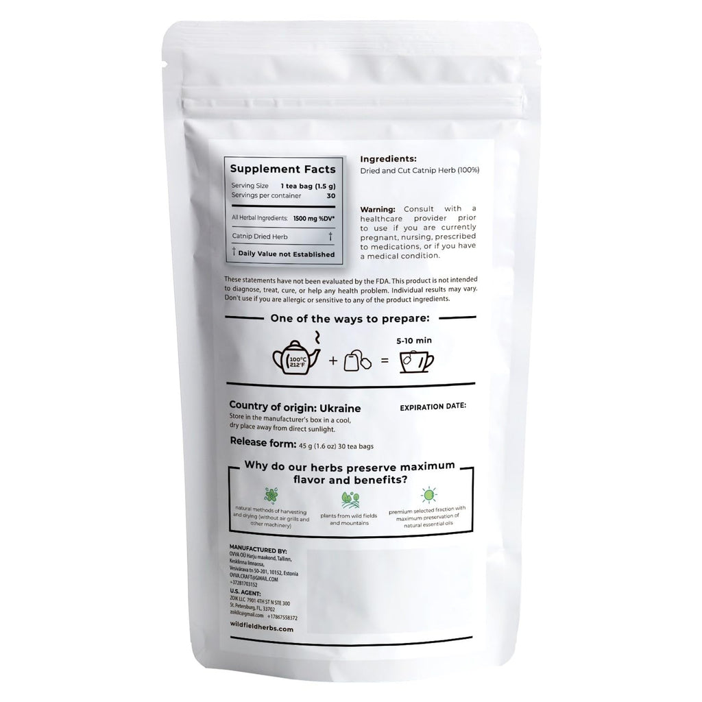 30 Bags Catnip Tea Catnip Herb Tea (Nepeta L.) - 30 Count 1.5g Bags Cat Nip Leaf Herb Hierba Gatera
