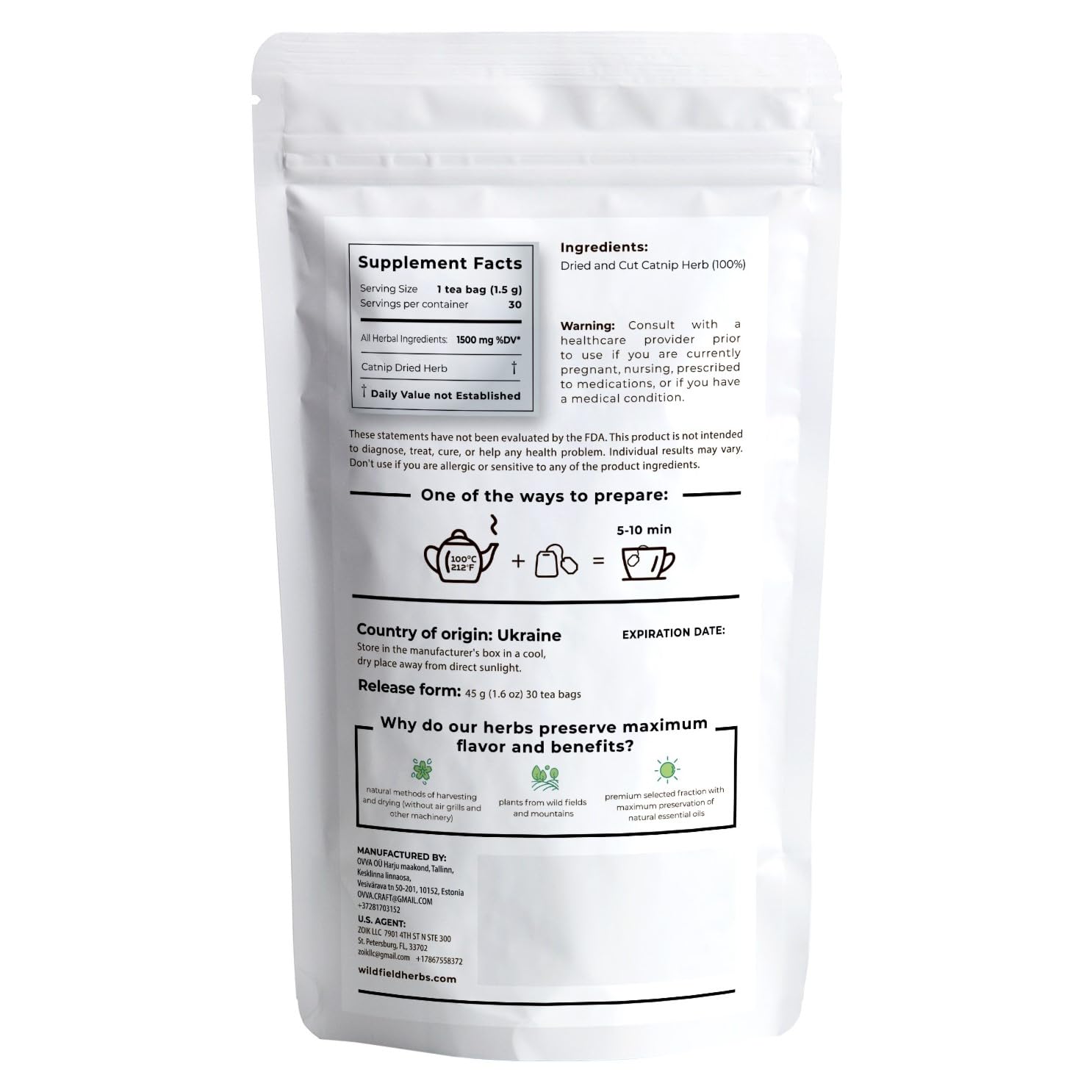 30 Bags Catnip Tea Catnip Herb Tea (Nepeta L.) - 30 Count 1.5g Bags Cat Nip Leaf Herb Hierba Gatera