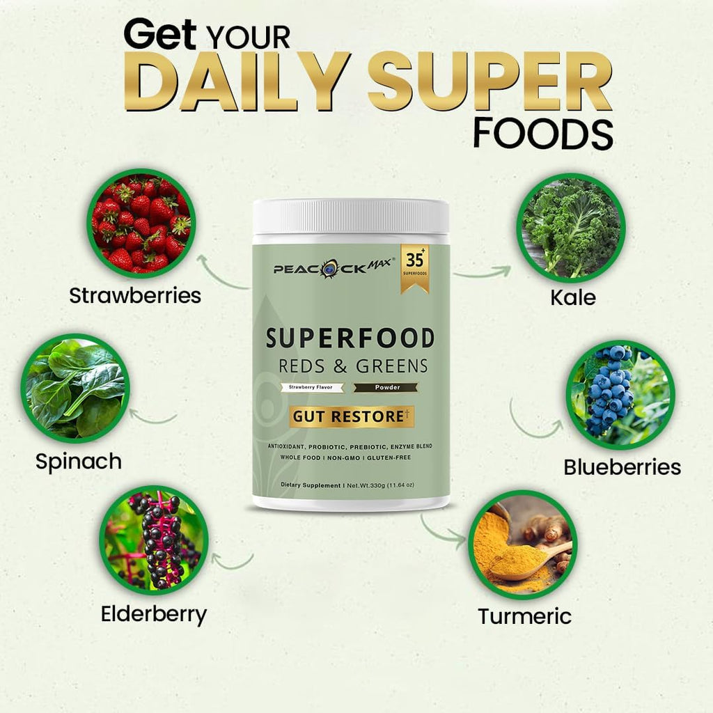 Superfood Reds & Greens Powder - 11.64 oz, Prebiotics & Probiotics for Digestive Health, Super Greens Powder with Ashwagandha for Gut Health, Immunity, Antioxidants, Strawberry Flavor, Vegan, Non-GMO