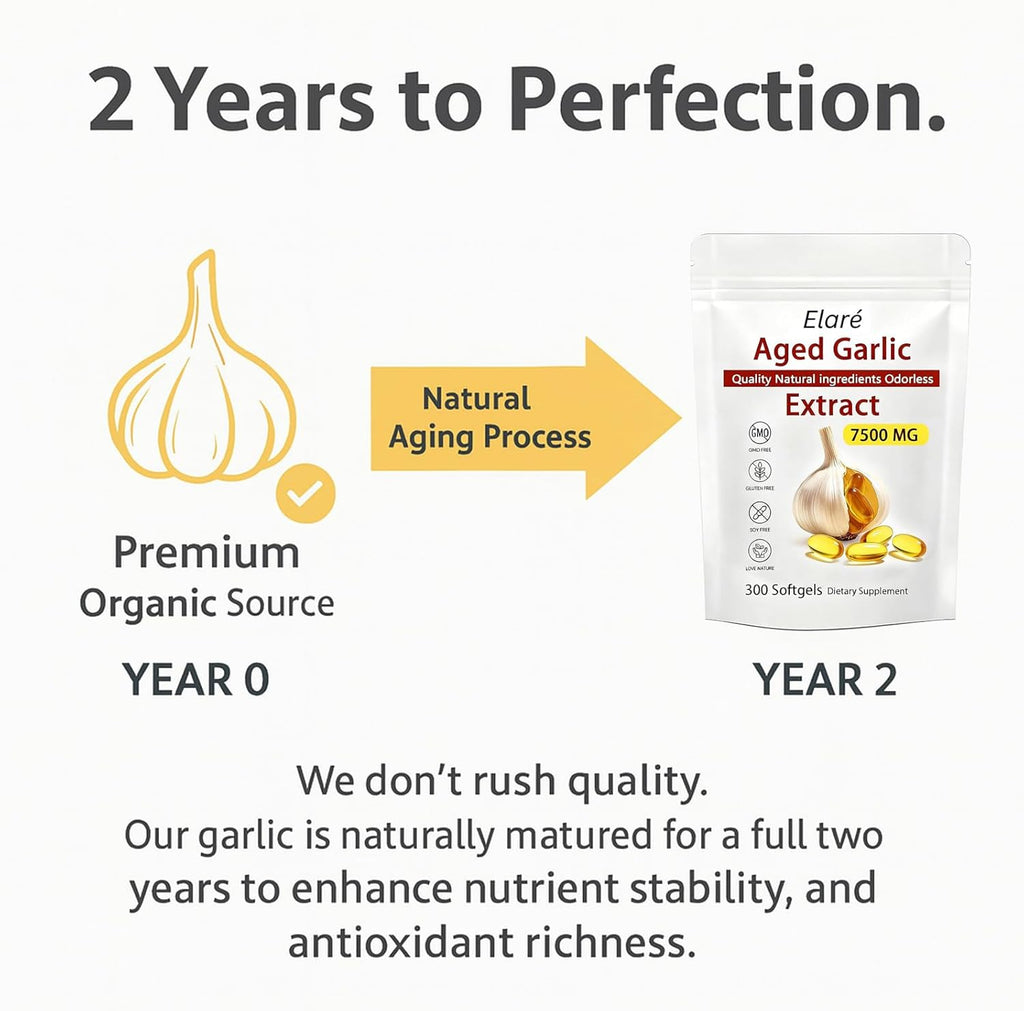 Elare Aged Garlic Extract – 300 Count 7500mg Odorless Organic Garlic Supplement for Heart & Immune Support – Vegetarian, Non-GMO, All-Natural Softgels, 2-Year Matured for Antioxidant Wellness