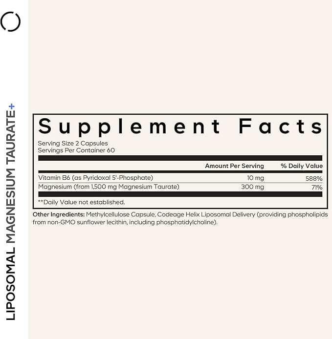 Codeage Liposomal Magnesium Taurate+ Supplement - Magnesium Taurate, Vitamin B6 as Pyridoxal 5-Phosphate, 2-Month Supply - Liposomal Delivery, Vegan, Non-GMO, Gluten-Free, 120 Capsules