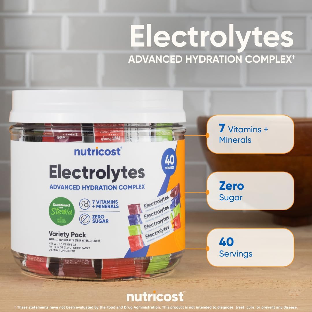 Nutricost Electrolytes Complex, Variety Pack Flavored, 40 Stickpacks - Advanced Hydration Complex