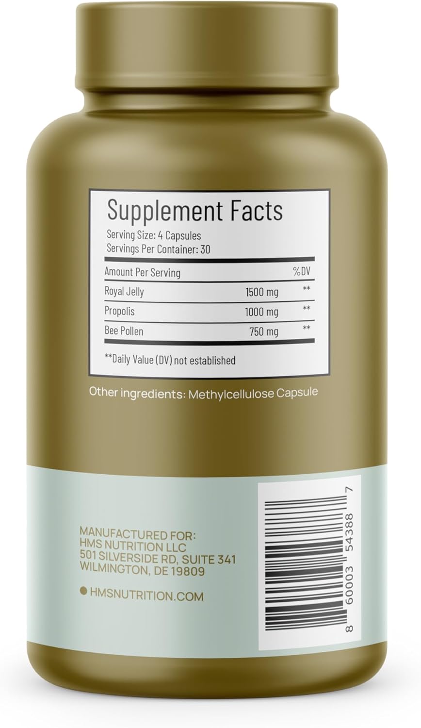 Premium Bee Pollen Daily Dietary Supplement - Includes Propolis & Royal Jelly - 3250mg Non-GMO, 120 Vegetarian Capsules - 30 Day Supply