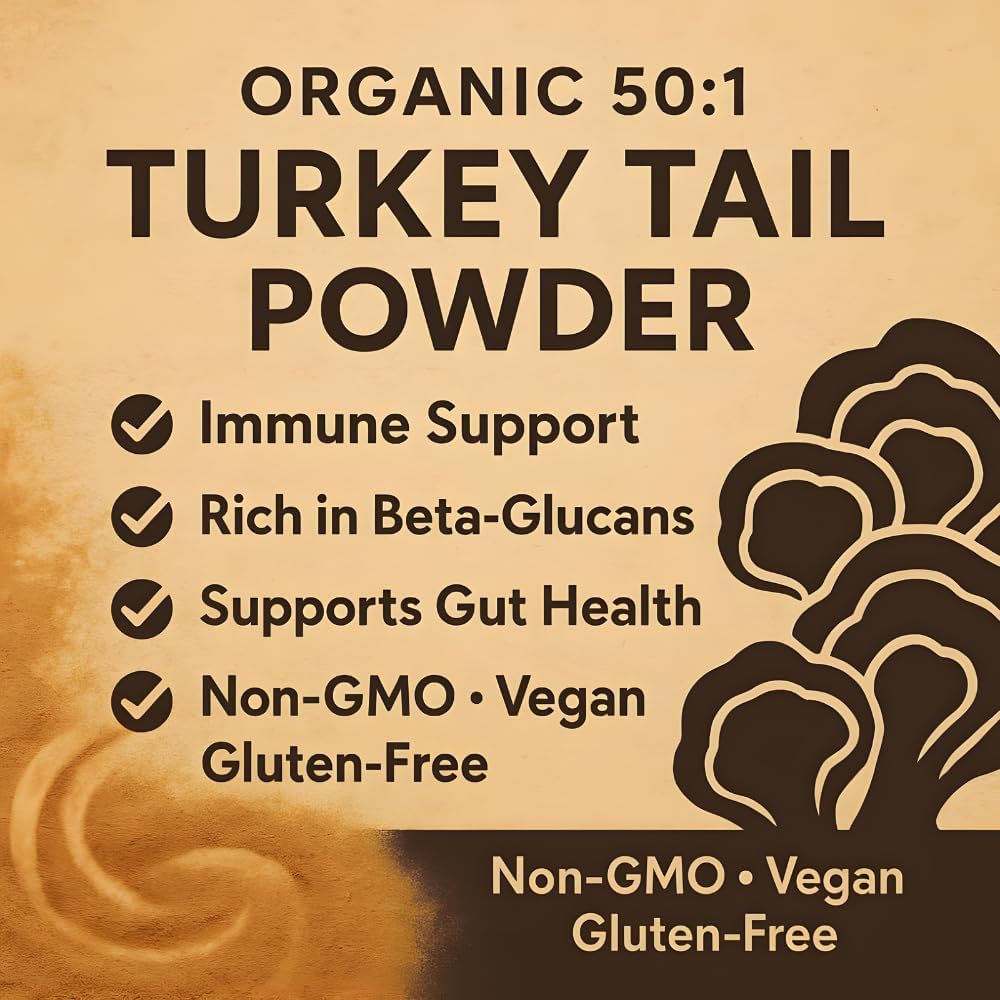 Organic Non-GMO Freeze Dried Turkey Tail Mushroom Powder (50:1 Extract), 16 Ounces | Freeze Dried Longer Shelf Life, Supports Immune Response & Cellular Level (16 OZ)