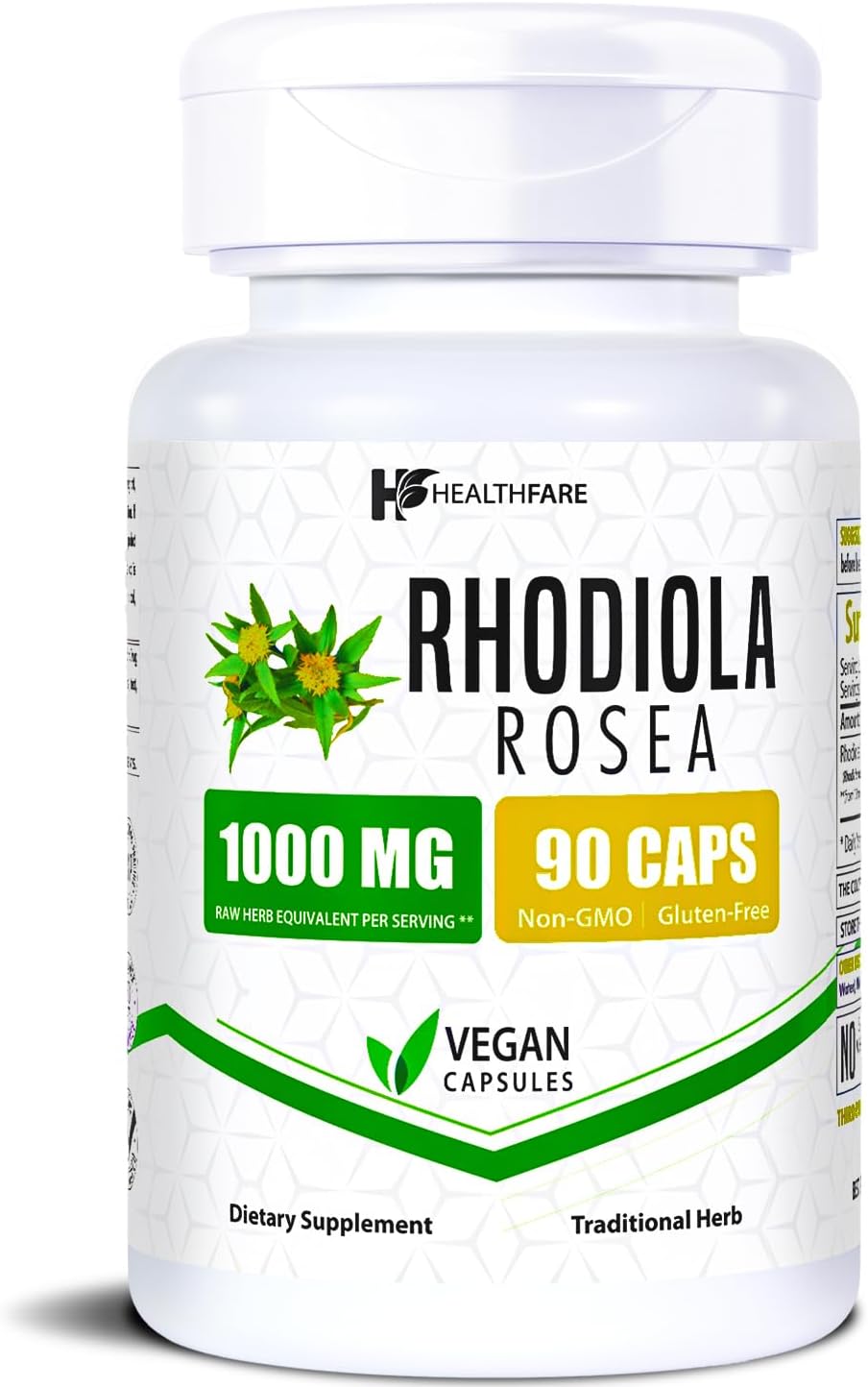 Healthfare Rhodiola Rosea Supplement 1000mg | 90 Vegan Capsules | Extra Strength Adaptogenic Herb Formula | Supports Energy, Stress & Focus | Non-GMO, Gluten-Free | Made in USA